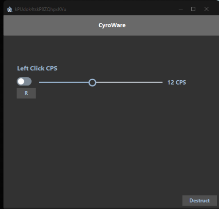 A small dark window titled CyroWare with a toggle switch and a slider set to 12 CPS.