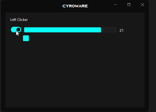 The CyroWare window rebuilt with a toggle and a progress bar reading 21 instead of a slider.
