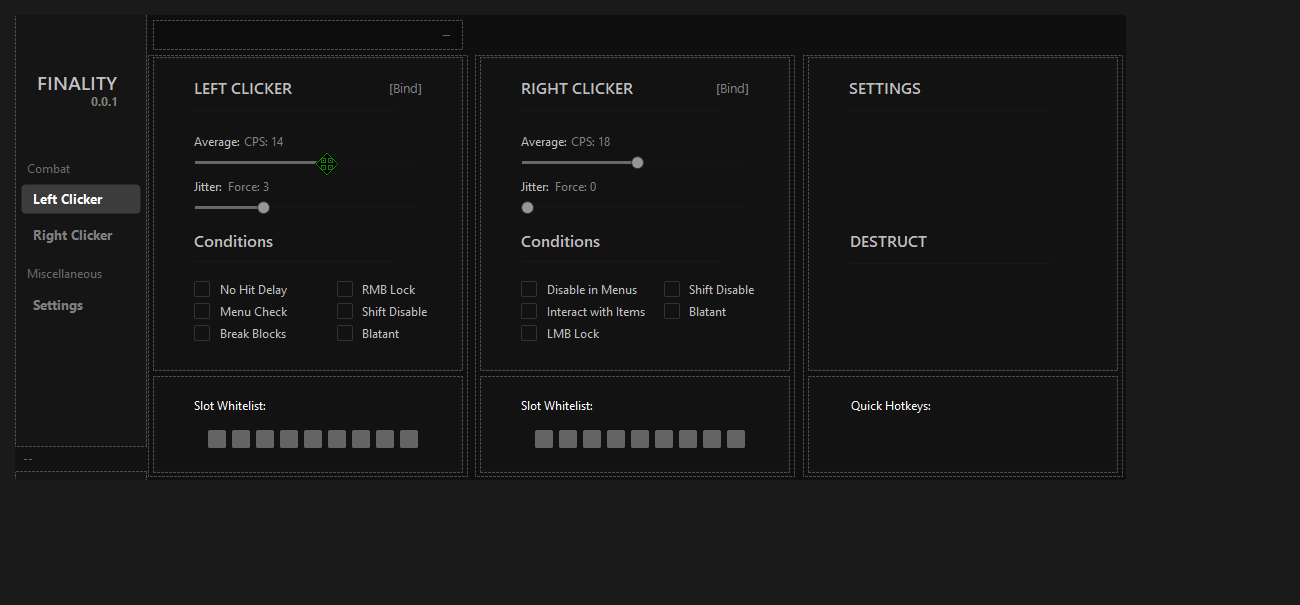 A window called Finality with separate left and right clicker panels, each showing a jitter setting and a list of condition checkboxes.