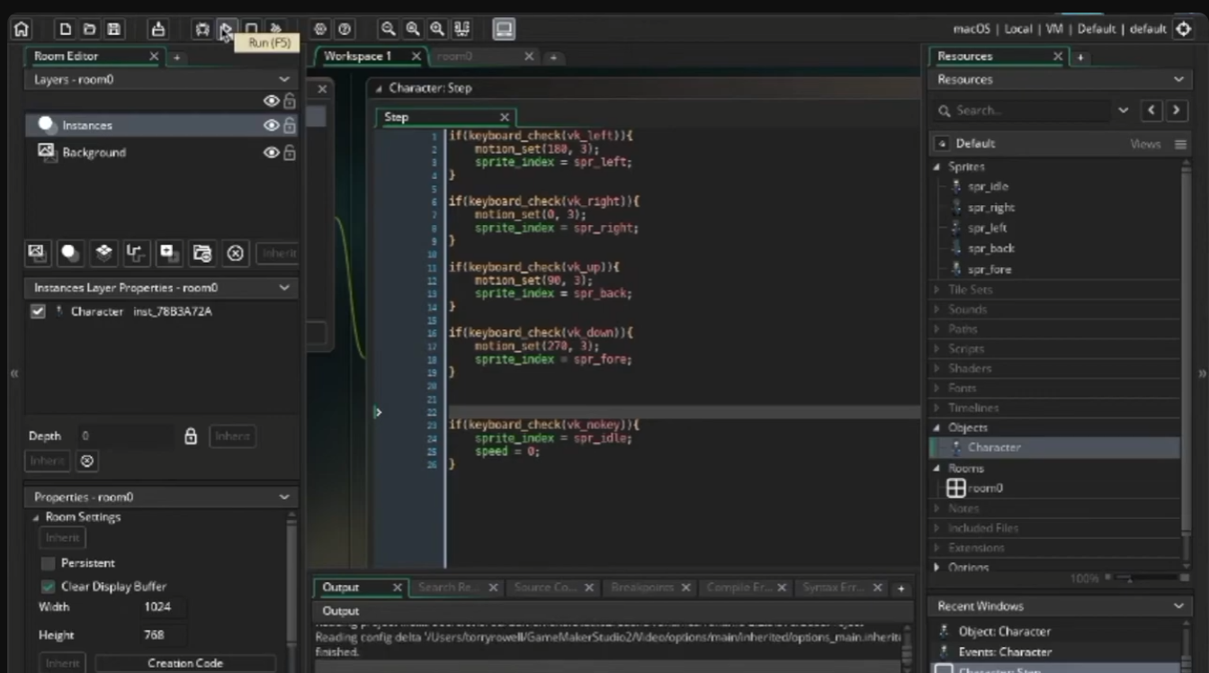 The GameMaker Studio 2 editor with a GML script called Step, checking arrow keys to set a character's motion and sprite.