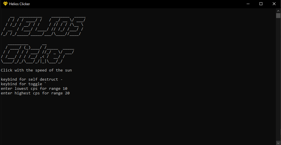A console window with an ASCII art banner reading Helios Clicker, prompting for keybinds and a CPS range.