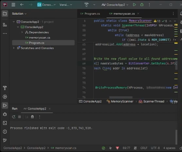 A C# console project open in the editor, with code scanning a process's memory for matching addresses and writing a new value to each.