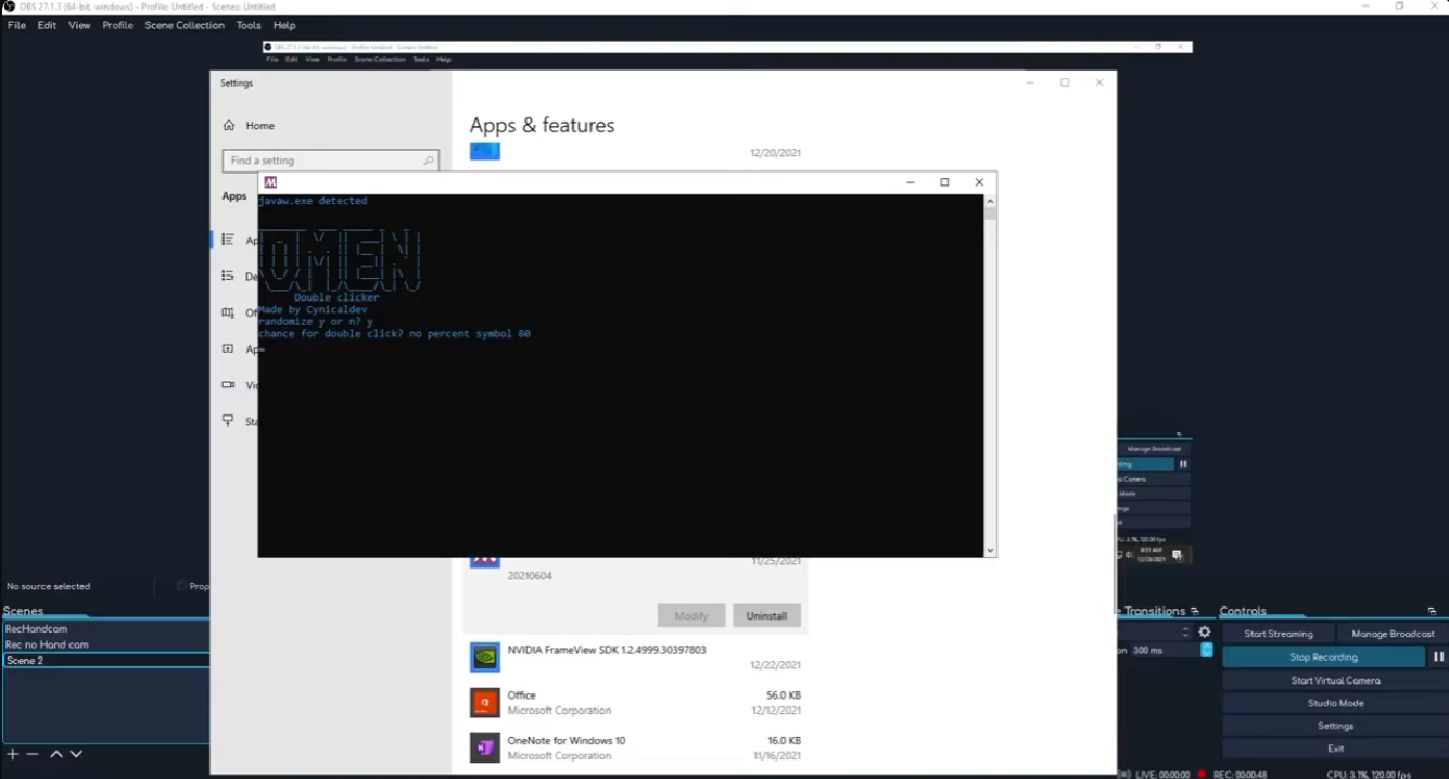 A console window titled Omen, reporting that javaw.exe was detected before asking for double-click settings.