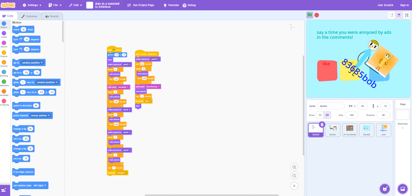 The Scratch editor showing block scripts for an animated project called Ads in a nutshell, sprite costumes and sound cues driving a running stage.