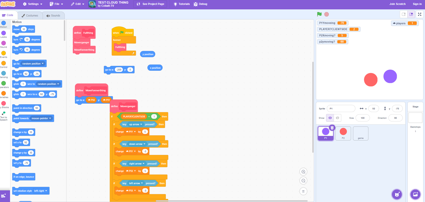 Two colored sprites on a Scratch stage next to block scripts reading keyboard input and cloud variables for two players' positions.