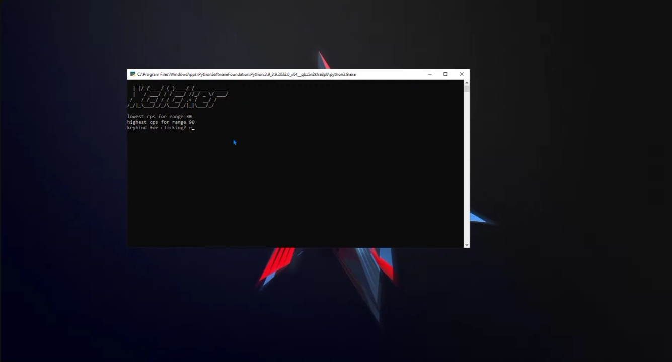 A Windows console window titled Velocity, prompting for a CPS range and a keybind for clicking.
