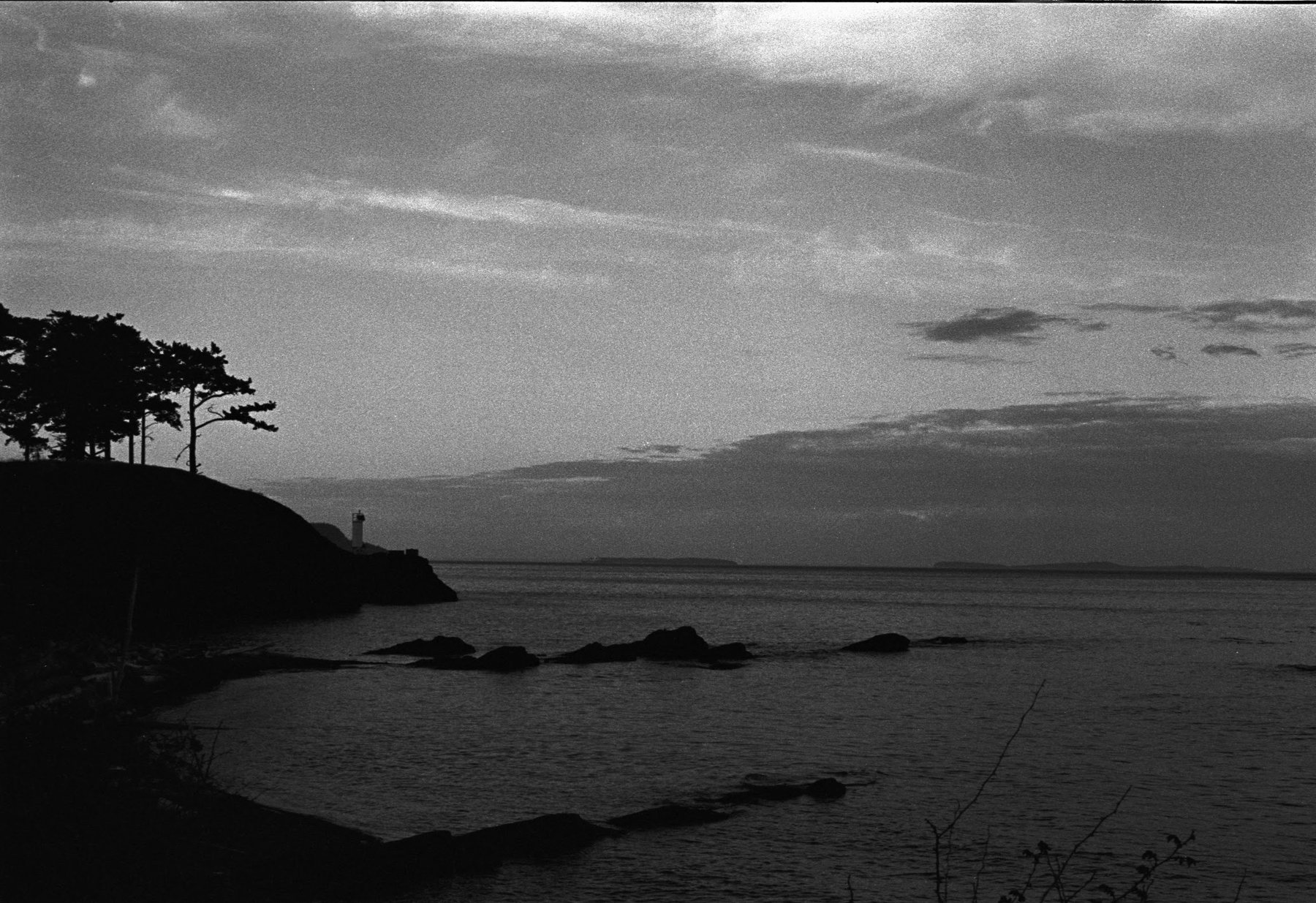 A shoreline at low light. Wind-shaped trees on a bluff at left, rocks breaking the surface of the water, open sky.